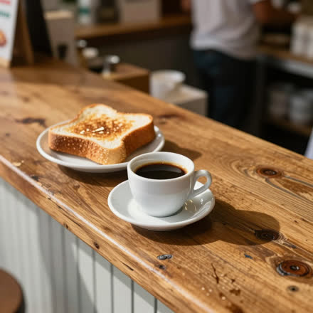 Café preto no balcão de madeira.