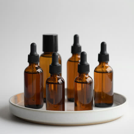 Frascos de skincare em vidro âmbar sobre uma bandeja.