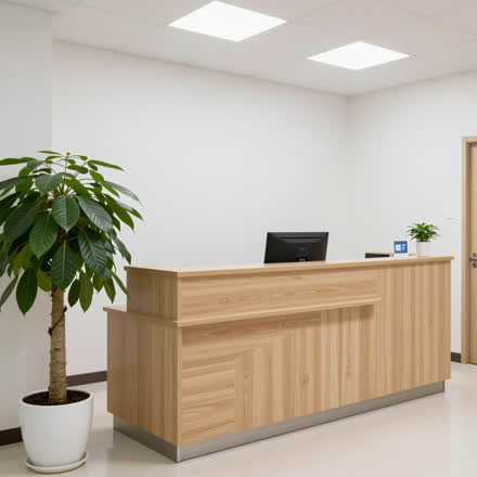 Recepção clara da clínica, com planta e balcão de madeira.