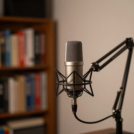Microfone de podcast sobre a mesa de um estúdio caseiro.