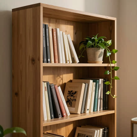 Estante de madeira com livros e plantas pendentes.