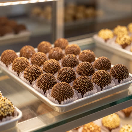 Brigadeiros em forminhas na bandeja.