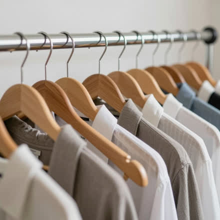 Cabides de madeira com roupas em tons neutros.